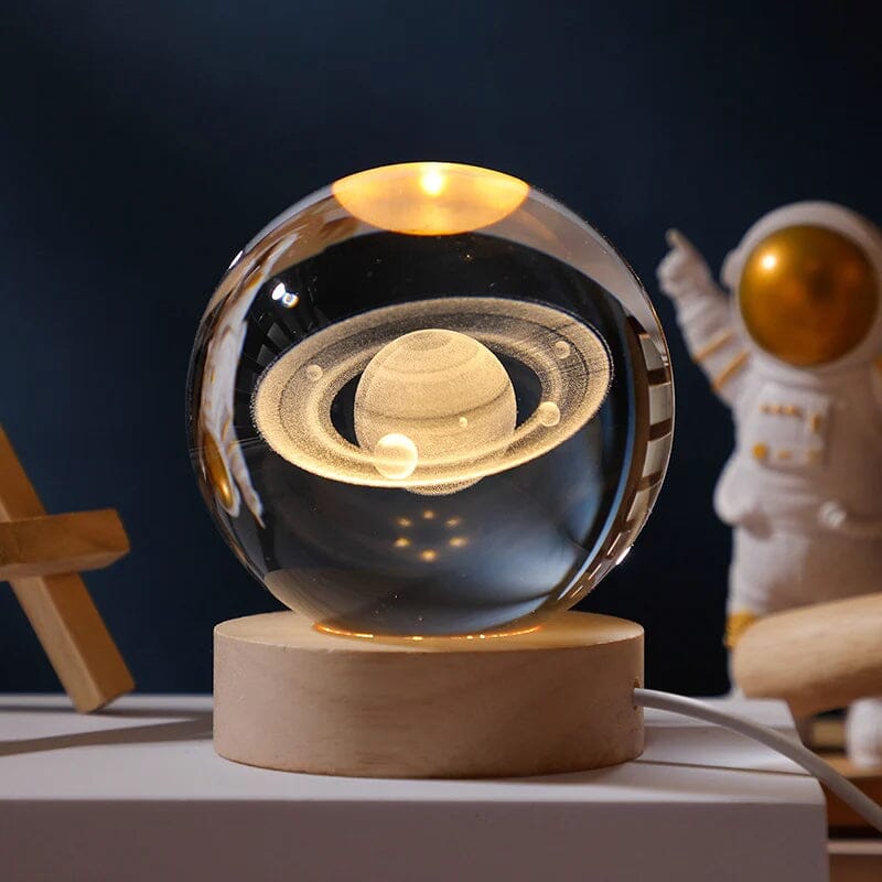 3D Kryształowa Kula Nocna Lampa z Drewnianą Podstawą