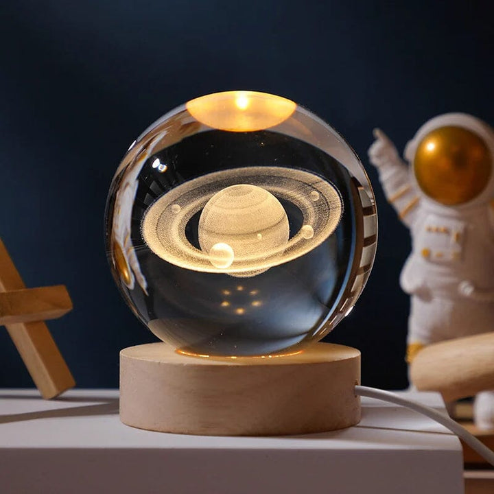 3D Kryształowa Kula Nocna Lampa z Drewnianą Podstawą