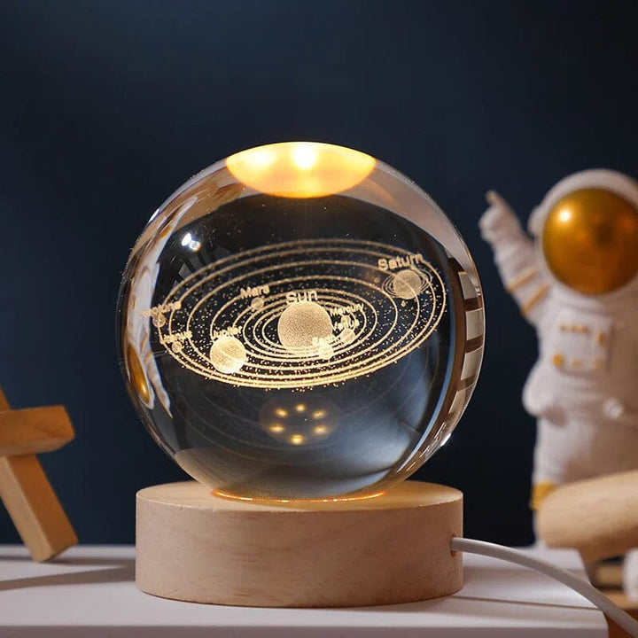 3D Kryształowa Kula Nocna Lampa z Drewnianą Podstawą