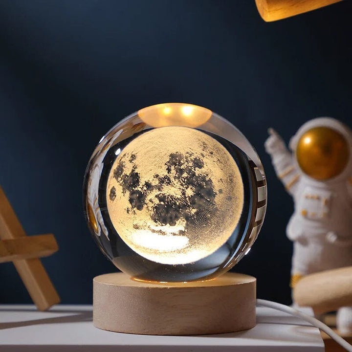 3D Kryształowa Kula Nocna Lampa z Drewnianą Podstawą