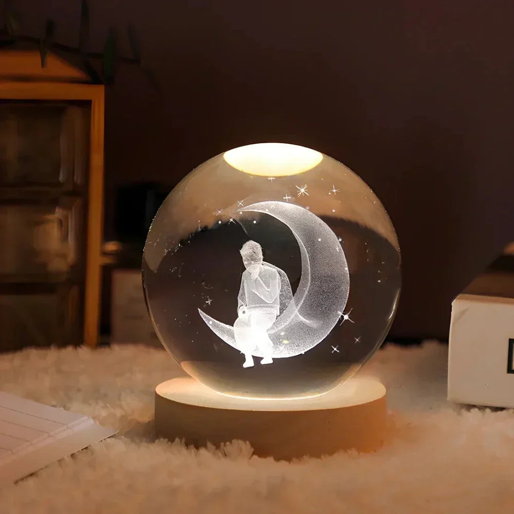 Lampka Nocna Kryształowa Kula na Drewnianej Podstawie