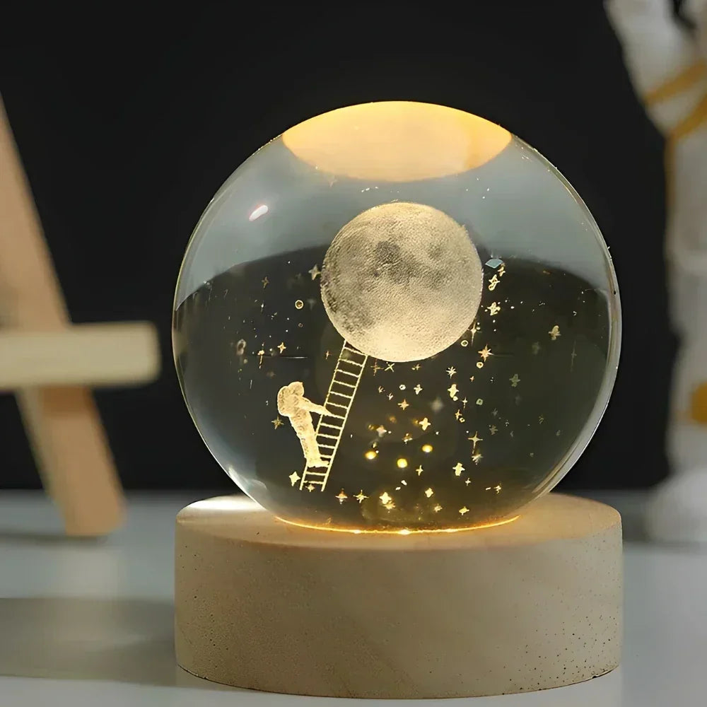 Lampka Nocna Kryształowa Kula na Drewnianej Podstawie