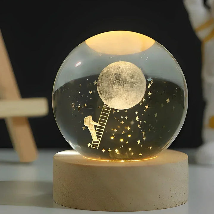 Lampka Nocna Kryształowa Kula na Drewnianej Podstawie