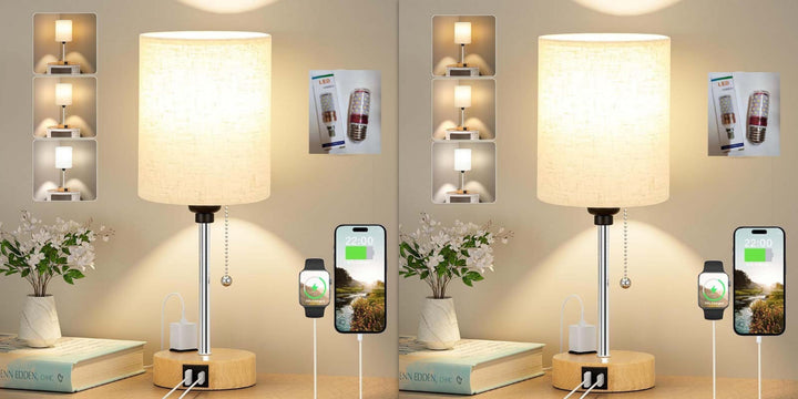 Nowoczesna Lampa Stołowa LED z Portami USB, Gniazdkiem i Materiałowym Kloszem