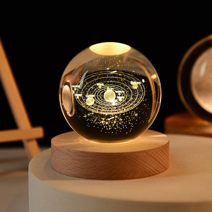3D Kryształowa Kula Nocna Lampa z Drewnianą Podstawą