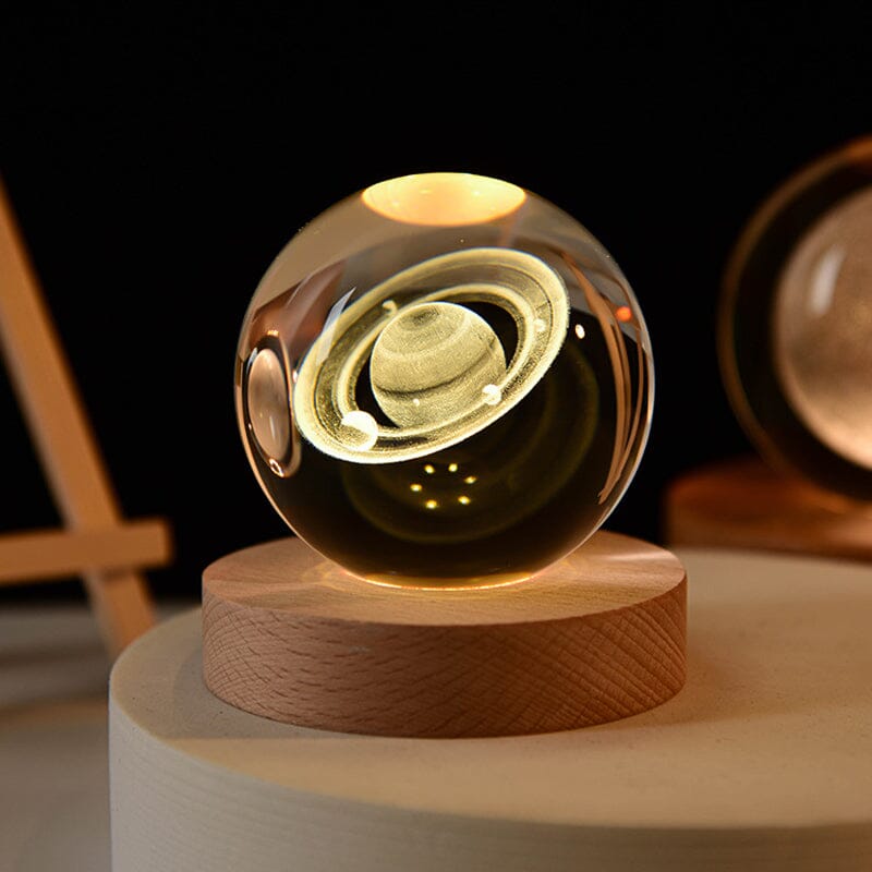 3D Kryształowa Kula Nocna Lampa z Drewnianą Podstawą