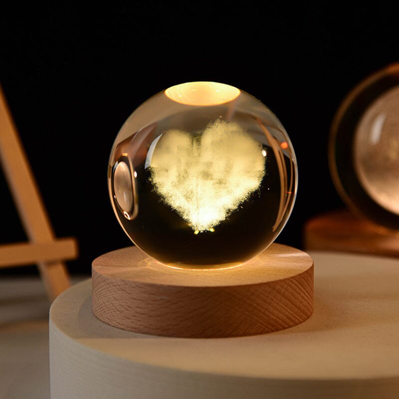 3D Kryształowa Kula Nocna Lampa z Drewnianą Podstawą