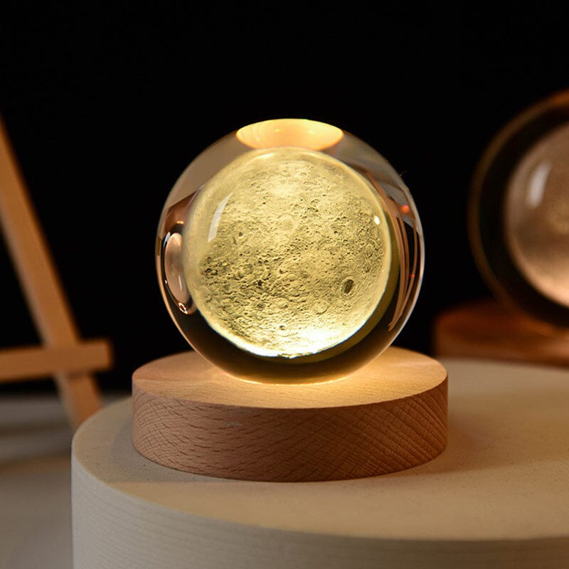 3D Kryształowa Kula Nocna Lampa z Drewnianą Podstawą
