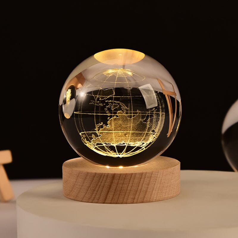 3D Kryształowa Kula Nocna Lampa z Drewnianą Podstawą