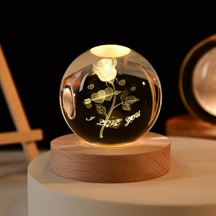 3D Kryształowa Kula Nocna Lampa z Drewnianą Podstawą
