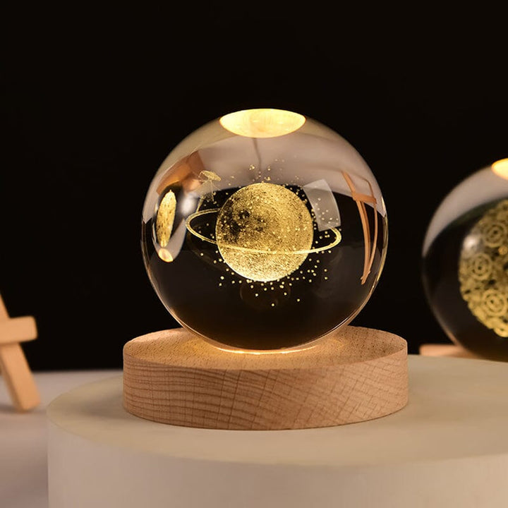 3D Kryształowa Kula Nocna Lampa z Drewnianą Podstawą